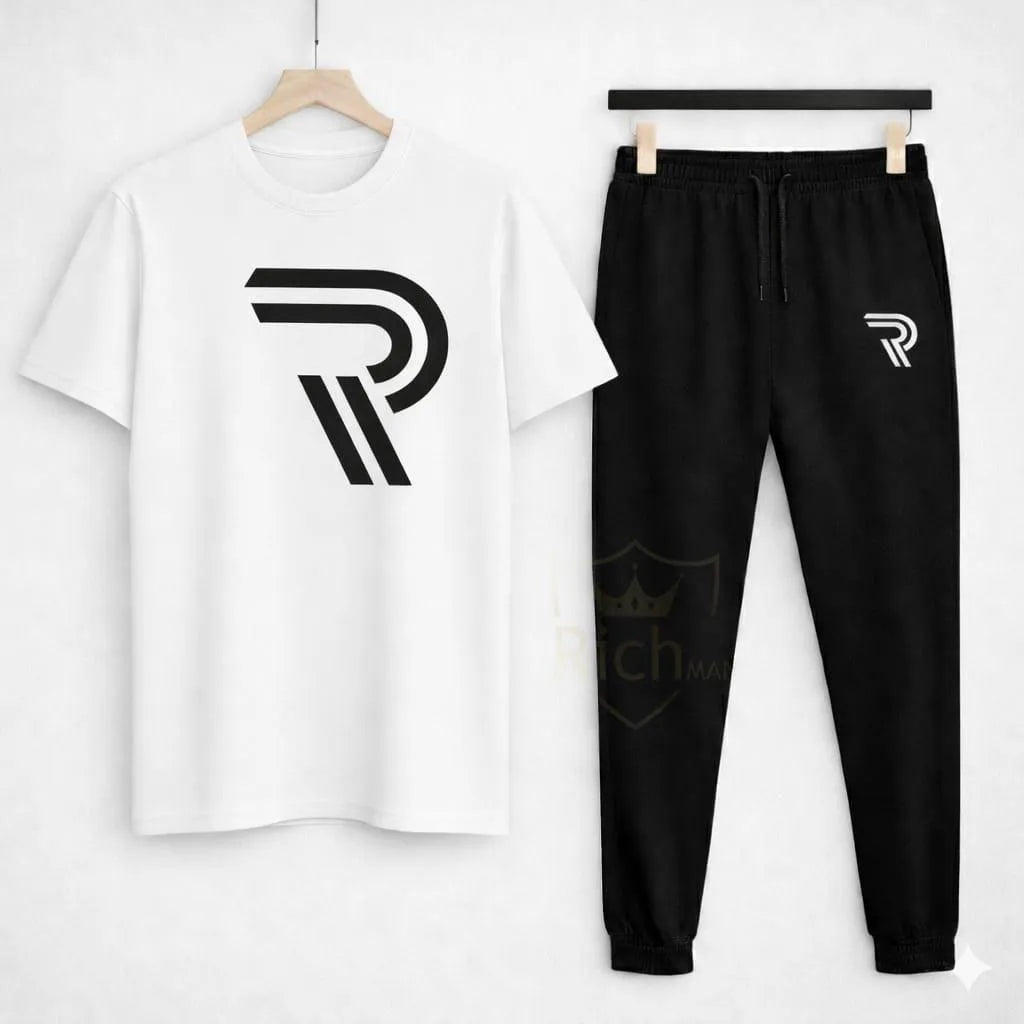 Men Black R-Logo Track Suit Set Slim Fit Cotton