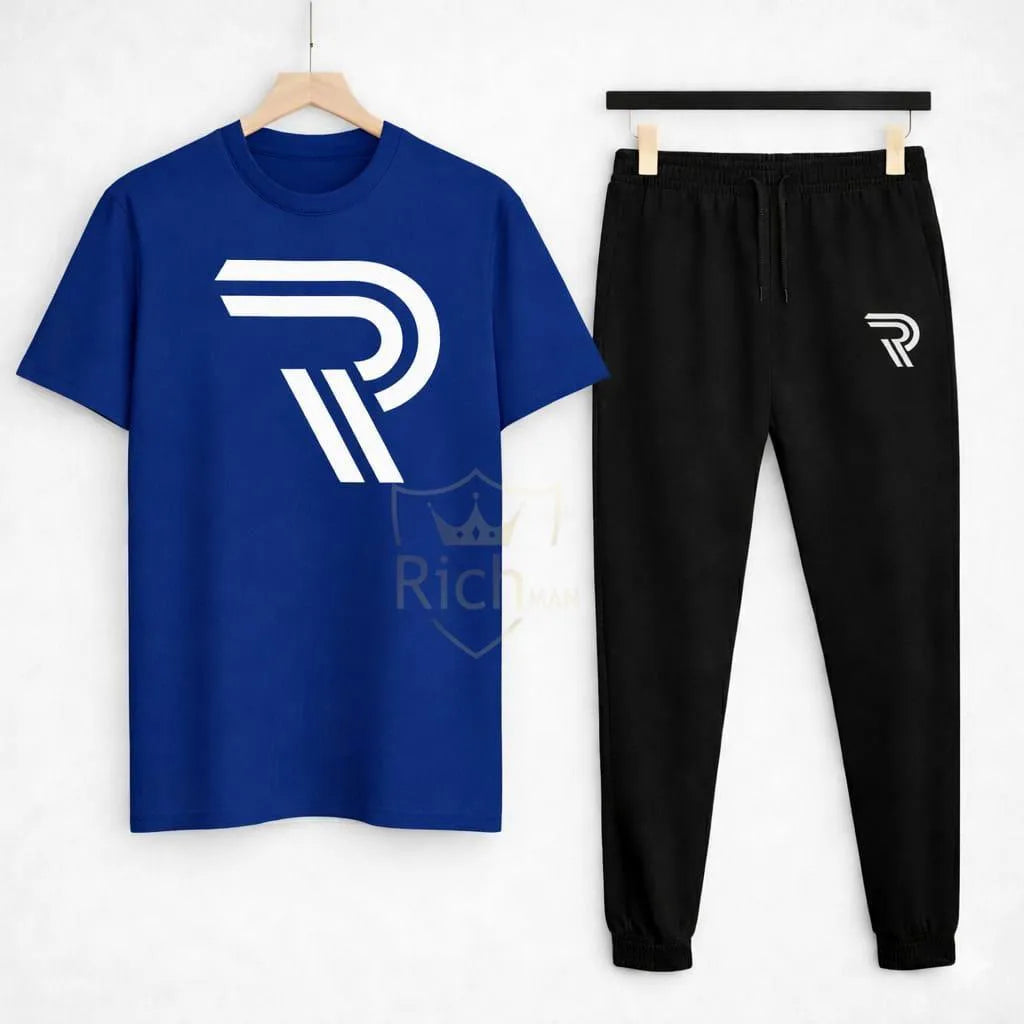 Men Black R-Logo Track Suit Set Slim Fit Cotton