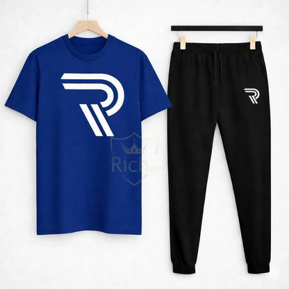Men Black R-Logo Track Suit Set Slim Fit Cotton