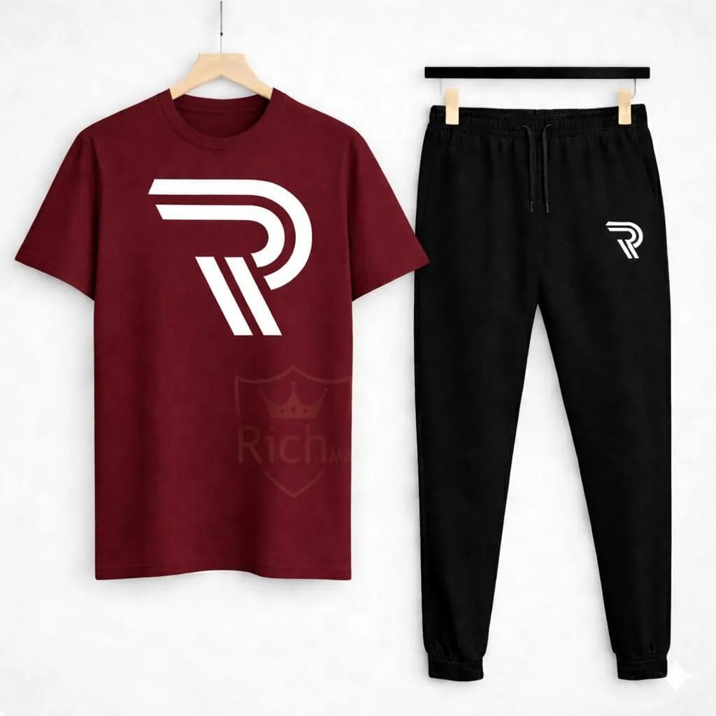 Men Black R-Logo Track Suit Set Slim Fit Cotton