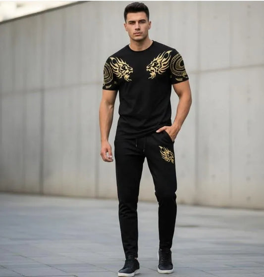 Men Black Lion Printed Slim Fit Track Suit 2Pcs