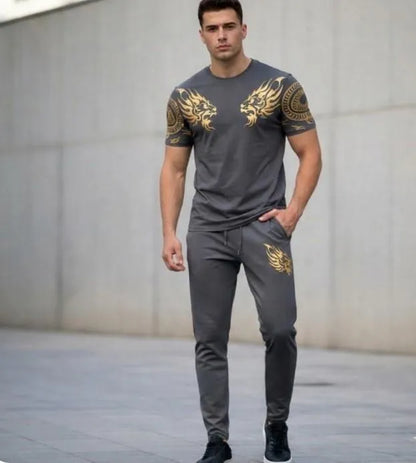 Men Black Lion Printed Slim Fit Track Suit 2Pcs