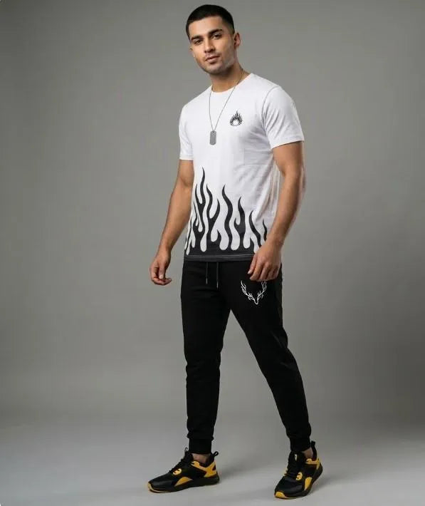 Men Maroon Flame Print Track Suit 2Pcs Dri Fit