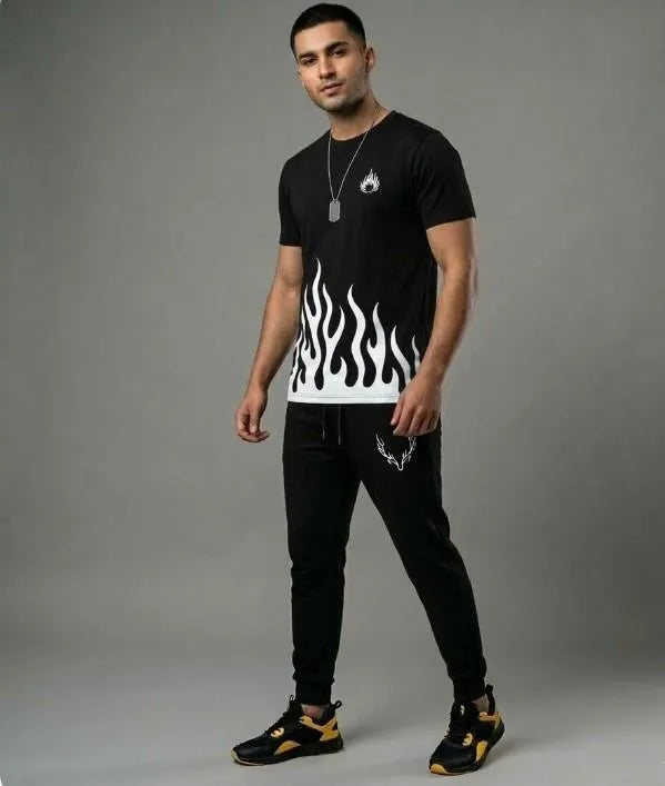 Men Maroon Flame Print Track Suit 2Pcs Dri Fit