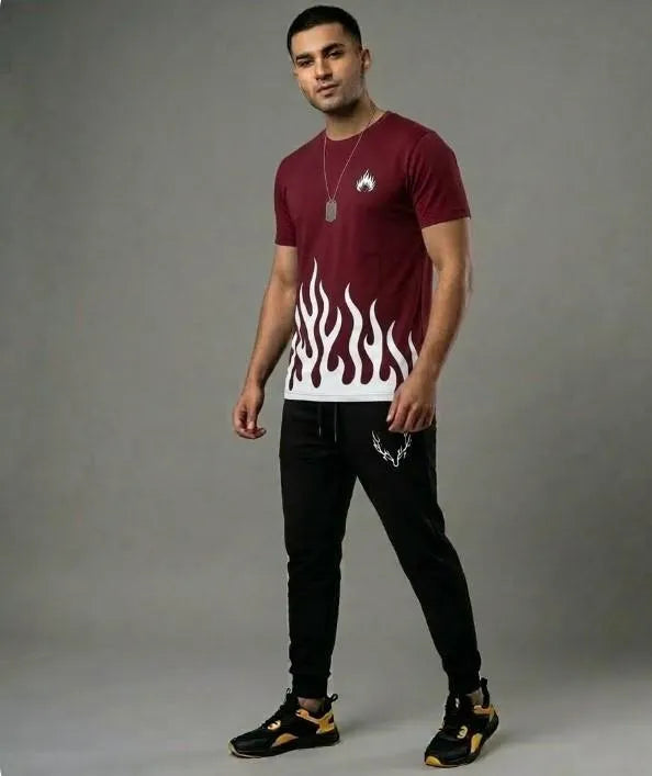 Men Maroon Flame Print Track Suit 2Pcs Dri Fit